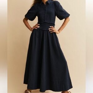 ME + EM Cheesecloth Shirred Maxi Shirt Dress In Navy